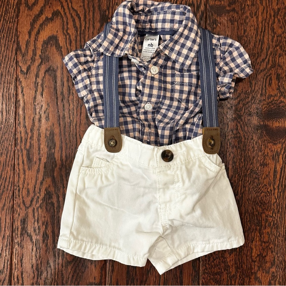 Carter's Blue and Pink Plaid Shirt with White Shorts and Suspenders